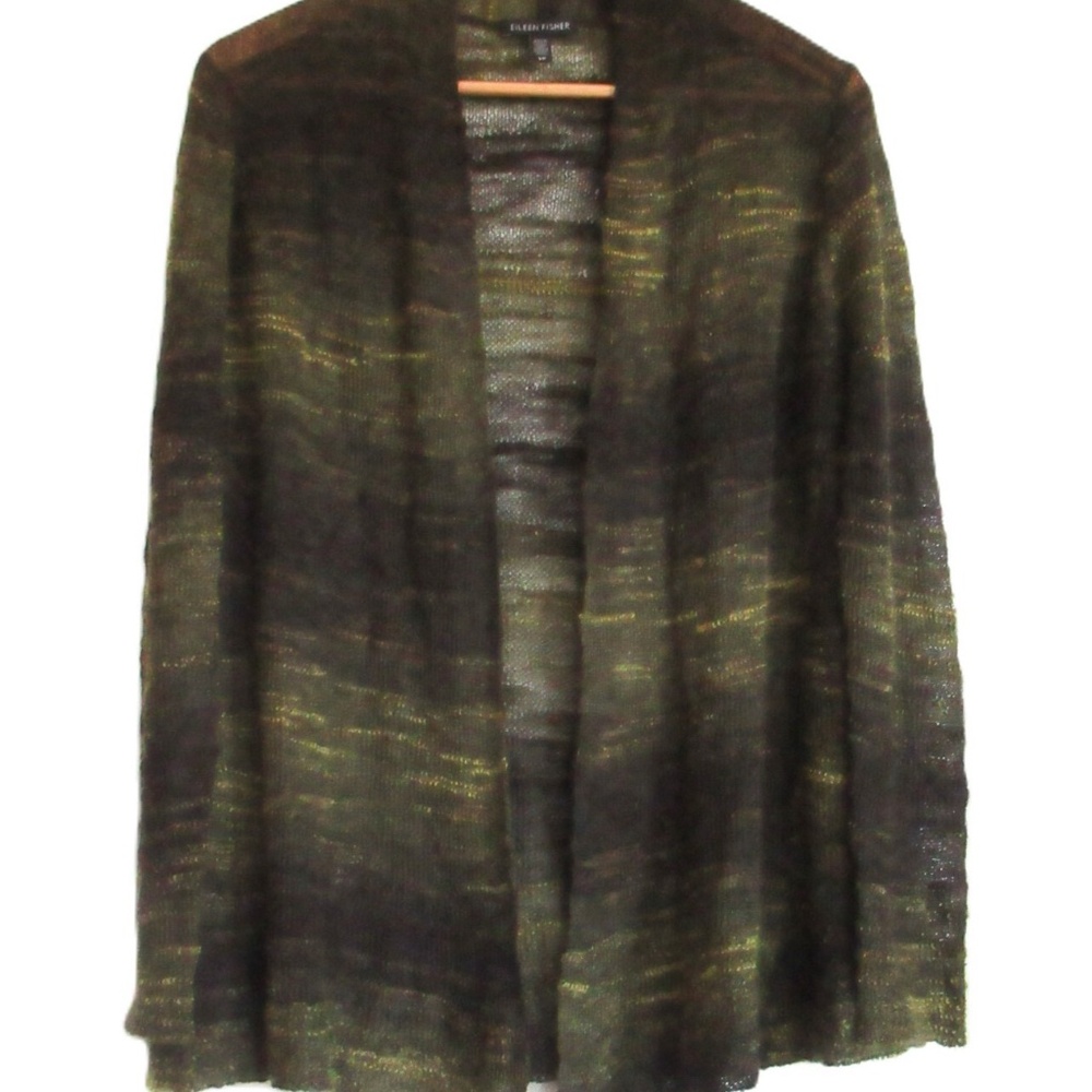 EILEEN FISHER Olive Green Mohair Boucle Open Front Cardigan - Picture 5 of 11